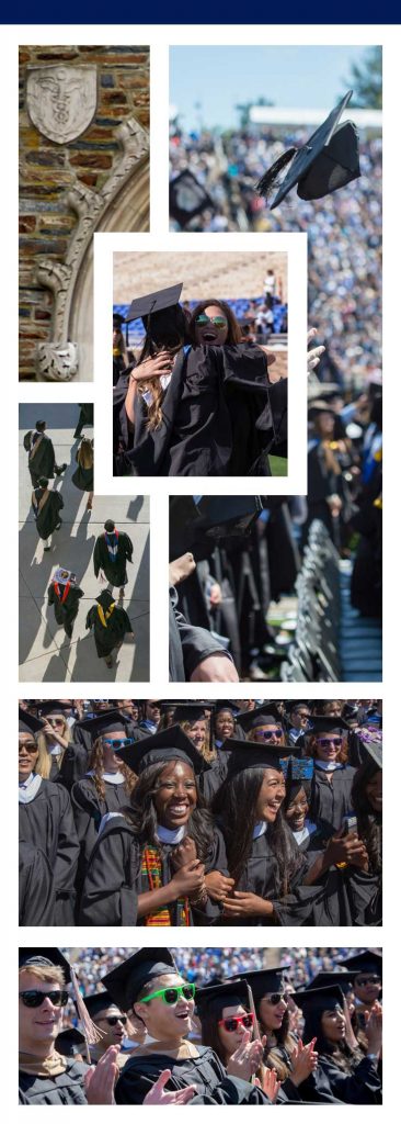 Collage: Photos of Duke students making memories with their classmates and friends at commencement.